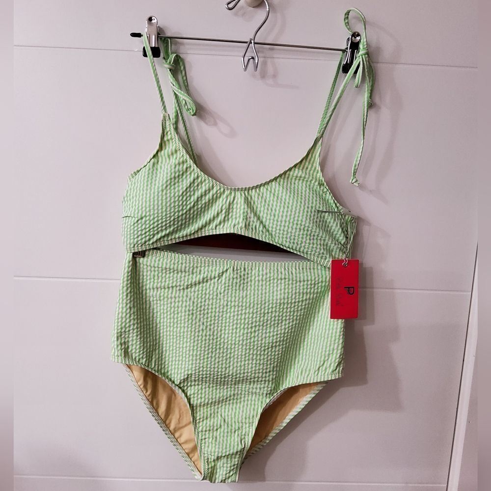 Pick Pink Striped High Waisted Bathing Suit Size M